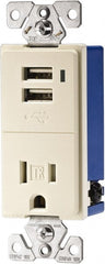 Cooper Wiring Devices - 2 USB Port, 1 Receptacle, 125 VAC, 5 VDC USB Receptacle - 5-15R NEMA Configuration, 15 Amp, Light Almond, Screw Mount - Exact Tooling