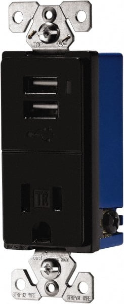 Cooper Wiring Devices - 2 USB Port, 1 Receptacle, 125 VAC, 5 VDC USB Receptacle - 5-15R NEMA Configuration, 15 Amp, Black, Screw Mount - Exact Tooling