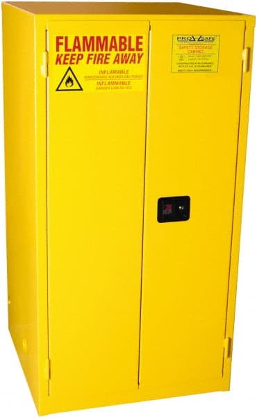 PRO-SAFE - 2 Door, 2 Shelf, Yellow Steel Standard Safety Cabinet for Flammable and Combustible Liquids - 65" High x 34" Wide x 34" Deep, Manual Closing Door, 3 Point Key Lock, 60 Gal Capacity - Exact Tooling