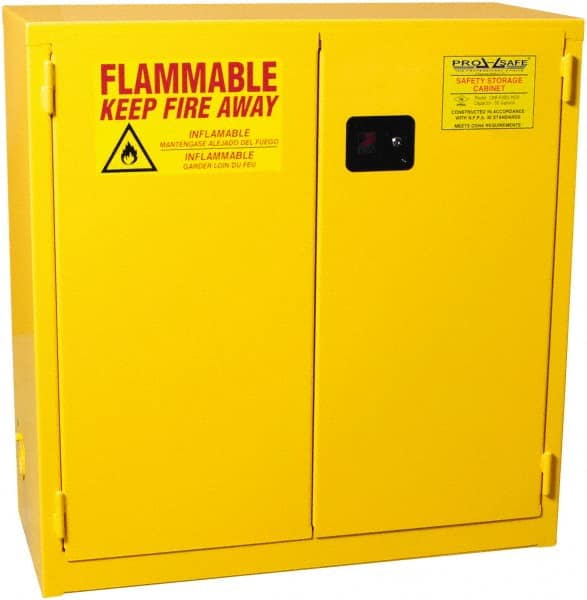 PRO-SAFE - 2 Door, 1 Shelf, Yellow Steel Standard Safety Cabinet for Flammable and Combustible Liquids - 44" High x 43" Wide x 18" Deep, Manual Closing Door, 3 Point Key Lock, 30 Gal Capacity - Exact Tooling