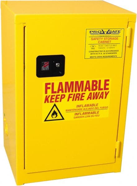 PRO-SAFE - 1 Door, 1 Shelf, Yellow Steel Space Saver Safety Cabinet for Flammable and Combustible Liquids - 35" High x 23" Wide x 18" Deep, Self Closing Door, 3 Point Key Lock, 12 Gal Capacity - Exact Tooling