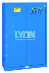 Acid Storage Cabinet - #5545 - 43 x 18 x 65" - 45 Gallon - w/2 shelves, three poly trays, bi-fold self-closing door - Blue Only - Exact Tooling