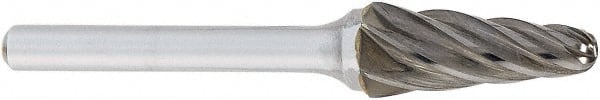 OSG - 5/8" Cut Diam, 1/4" Shank Diam, Taper Head Fluted Cut Burr - Carbide, Radius End, 1-5/16" LOC, 2" OAL - Exact Tooling