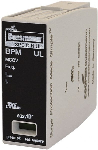 Cooper Bussmann - 1 Pole, 1 Phase, 20 kA Nominal Current, 90mm Long x 18mm Wide x 65mm Deep, Thermoplastic Hardwired Surge Protector - DIN Rail Mount, 125 kA Short Circuit Current, 347 VAC, 600 VAC Operating Voltage, 40 kA Surge Protection - Exact Tooling