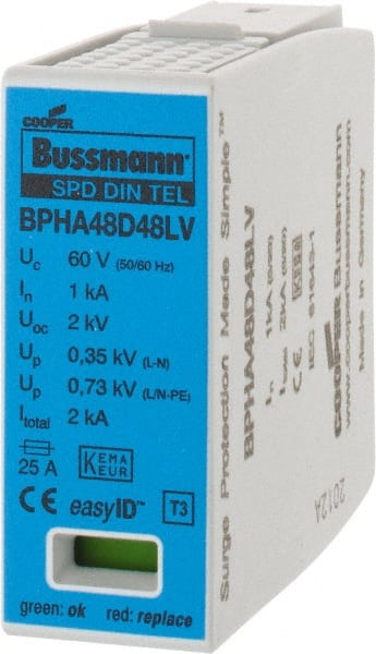 Cooper Bussmann - 2 Pole, 1 Phase, 1 kA Nominal Current, 90mm Long x 18mm Wide x 66mm Deep, Thermoplastic Hardwired Surge Protector - DIN Rail Mount, 48 VAC/VDC, 60 VAC/VDC Operating Voltage, 60 kA Surge Protection - Exact Tooling