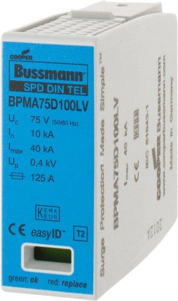 Cooper Bussmann - 1 Pole, 1 Phase, 10 kA Nominal Current, 90mm Long x 18mm Wide x 65mm Deep, Thermoplastic Hardwired Surge Protector - DIN Rail Mount, 100 VDC, 75 VAC, 100 VDC, 75 VAC Operating Voltage, 40 kA Surge Protection - Exact Tooling