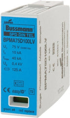 Cooper Bussmann - 1 Pole, 1 Phase, 10 kA Nominal Current, 90mm Long x 18mm Wide x 65mm Deep, Thermoplastic Hardwired Surge Protector - DIN Rail Mount, 100 VDC, 75 VAC, 100 VDC, 75 VAC Operating Voltage, 40 kA Surge Protection - Exact Tooling