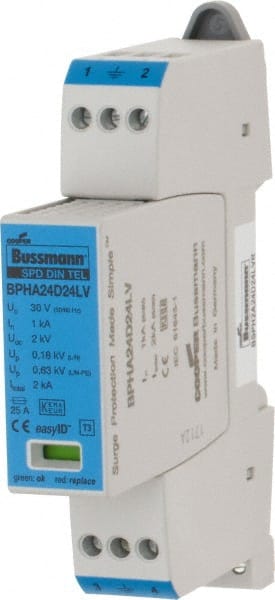 Cooper Bussmann - 2 Pole, 1 Phase, 1 kA Nominal Current, 90mm Long x 18mm Wide x 66mm Deep, Thermoplastic Hardwired Surge Protector - DIN Rail Mount, 24 VAC/VDC, 30 VAC/VDC Operating Voltage, 4 kA Surge Protection - Exact Tooling