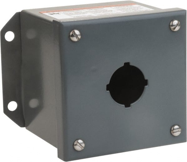 Square D - 1 Hole, 30mm Hole Diameter, Steel Pushbutton Switch Enclosure - 5-1/4 Inch High x 4.17 Inch Wide x 3.62 Inch Deep, 1, 3, 13 NEMA Rated - Exact Tooling