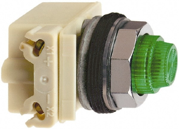 Square D - 120 V Green Lens LED Indicating Light - Round Lens, Screw Clamp Connector, 70mm OAL x 54mm Wide, Shock Resistant, Vibration Resistant - Exact Tooling