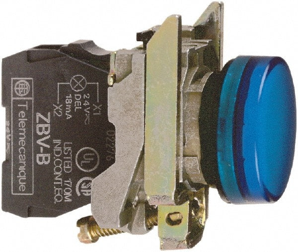 Square D - 24 VAC/VDC Blue Lens LED Indicating Light - Round Lens, Screw Clamp Connector, 46.5mm OAL x 30mm Wide, Shock Resistant, Vibration Resistant - Exact Tooling