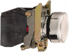 Schneider Electric - 22mm Mount Hole, Flush, Pushbutton Switch with Contact Block - Round, White Pushbutton, Illuminated, Momentary (MO) - Exact Tooling