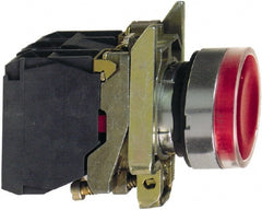 Schneider Electric - 22mm Mount Hole, Flush, Pushbutton Switch with Contact Block - Round, Red Pushbutton, Illuminated, Momentary (MO) - Exact Tooling