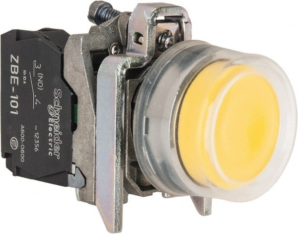 Square D - 0.87 Inch Mount Hole, Pushbutton Switch Only - Round, Yellow Pushbutton, Illuminated, Momentary (MO), Shock and Vibration Resistant - Exact Tooling