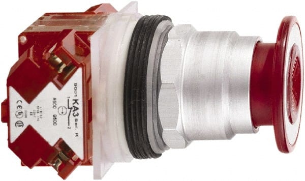 Schneider Electric - 30mm Mount Hole, Extended Mushroom Head, Pushbutton Switch with Contact Block - Round, Red Pushbutton, Maintained (MA) - Exact Tooling