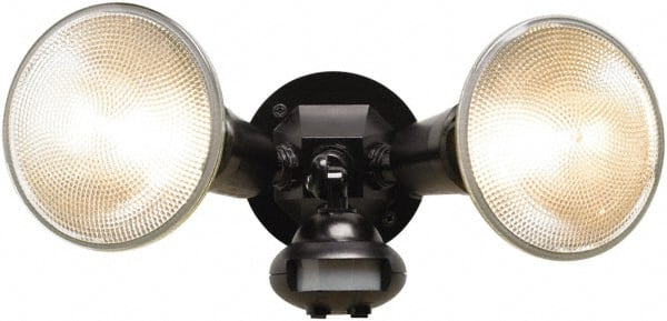 Cooper Lighting - 2 Head, 60 Ft. Detection, 110° Angle, PAR38 Lamp Motion Sensing Light Fixture - 120 Volt, 300 Watt, Plastic Black Housing, Wall, Eave Mounted - Exact Tooling