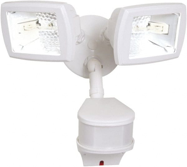 Cooper Lighting - 2 Head, 90 Ft. Detection, 270° Angle, Halogen Lamp Motion Sensing Light Fixture - 120 Volt, 200 Watt, Metal White Housing, Wall, Eave Mounted - Exact Tooling