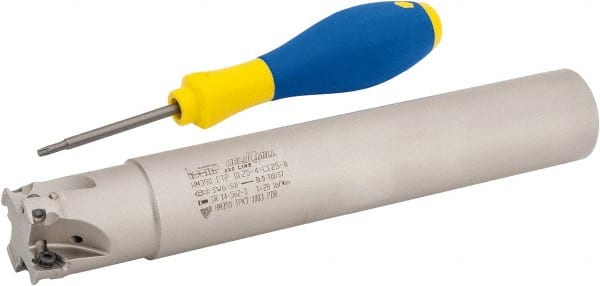 Iscar - 1-1/4" Cut Diam, 0.315" Max Depth of Cut, 1-1/4" Shank Diam, 7.87" OAL, Indexable Square Shoulder Helical End Mill - HM390 TPKT 1003 Inserts, Cylindrical Shank, 90° Lead Angle, Through Coolant, Series HeliIQMill - Exact Tooling