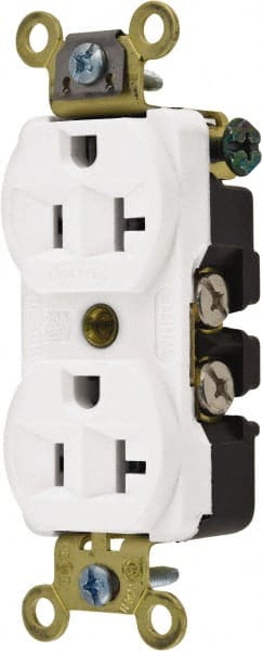 Hubbell Wiring Device-Kellems - 125 VAC, 20 Amp, 5-20R NEMA Configuration, White, Industrial Grade, Self Grounding Duplex Receptacle - 1 Phase, 2 Poles, 3 Wire, Flush Mount, Corrosion, Heat and Impact Resistant - Exact Tooling