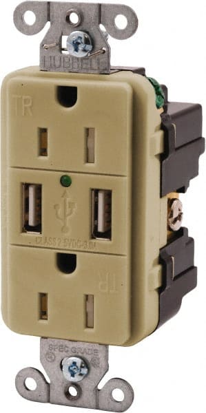 Hubbell Wiring Device-Kellems - 2 USB Port, 2 Receptacle, 125 VAC, 5 VDC USB Receptacle - 5-15R NEMA Configuration, 15 Amp, Ivory, 3.8 Amp Charging Power, Screw Mount - Exact Tooling
