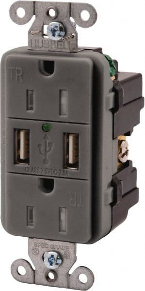 Hubbell Wiring Device-Kellems - 2 USB Port, 2 Receptacle, 125 VAC, 5 VDC USB Receptacle - 5-15R NEMA Configuration, 15 Amp, Gray, 3.8 Amp Charging Power, LED Indicator Light - Exact Tooling