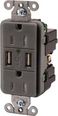 Hubbell Wiring Device-Kellems - 2 USB Port, 2 Receptacle, 125 VAC, 5 VDC USB Receptacle - 5-15R NEMA Configuration, 15 Amp, Gray, 3.8 Amp Charging Power, LED Indicator Light - Exact Tooling