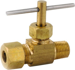 ANDERSON METALS - 1/4 x 1/8" Pipe, Inline Metal Seat Needle Valve - Brass Seal, Compression x MIP Ends, Lead Free Brass Valve, 150 Max psi - Exact Tooling