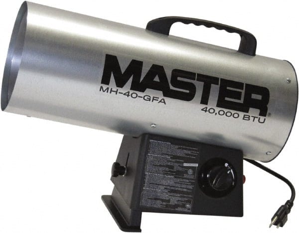 Master - 40,000 BTU Rating, Propane Forced Air Heater - 1,000 Sq Ft Max Heating Area, 20 Lb Capacity, Fuel with Kerosene, Diesel & Fuel Oil - Exact Tooling
