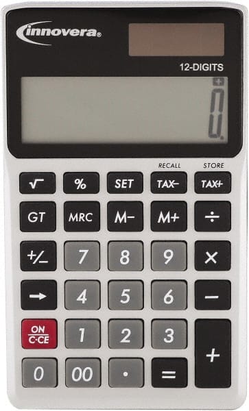 innovera - 12-Digit LCD 4 Function Handheld Calculator - 14mm Display Size, Silver & Black, Solar & Battery Powered - Exact Tooling