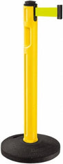 Lavi Industries - 38-1/4" High, 3-1/4" Pole Diam, Stanchion - 16" Base Diam, Dome Recycled Rubber Base, Yellow Plastic Post, 12' x 2" Tape, Single Line Tape, For Outdoor Use - Exact Tooling