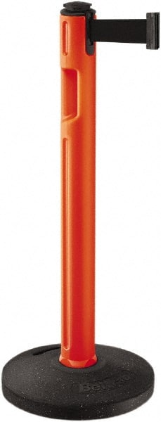 Lavi Industries - 38-1/4" High, 3-1/4" Pole Diam, Stanchion - 16" Base Diam, Dome Recycled Rubber Base, Orange Plastic Post, 12' x 2" Tape, Single Line Tape, For Outdoor Use - Exact Tooling