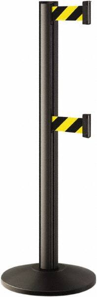 Lavi Industries - 40" High, 2-3/4" Pole Diam, Stanchion - 14" Base Diam, Dome Cast Iron Base, Black Aluminum Post, 7' x 2" Tape, Single Line Tape - Exact Tooling