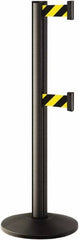 Lavi Industries - 40" High, 2-3/4" Pole Diam, Stanchion - 14" Base Diam, Dome Cast Iron Base, Black Aluminum Post, 7' x 2" Tape, Single Line Tape - Exact Tooling