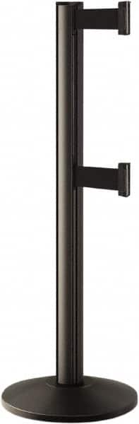 Lavi Industries - 40" High, 2-3/4" Pole Diam, Stanchion - 14" Base Diam, Dome Cast Iron Base, Black Aluminum Post, 7' x 2" Tape, Single Line Tape - Exact Tooling
