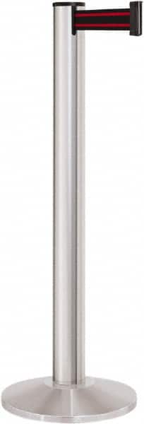 Lavi Industries - 40" High, 2-3/4" Pole Diam, Stanchion - 14" Base Diam, Dome Cast Iron Base, Satin Chrome (Color) Aluminum Post, 13' x 2" Tape, Single Line Tape - Exact Tooling