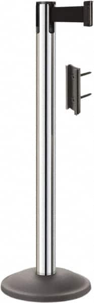 Lavi Industries - 38-1/2" High, 2-3/4" Pole Diam, Stanchion - 12-1/2" Base Diam, Round Steel Base, Polished Chrome (Color) Steel Post, 7' x 2" Tape, Single Line Tape - Exact Tooling