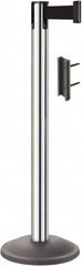 Lavi Industries - 38-1/2" High, 2-3/4" Pole Diam, Stanchion - 12-1/2" Base Diam, Round Steel Base, Polished Chrome (Color) Steel Post, 7' x 2" Tape, Single Line Tape - Exact Tooling