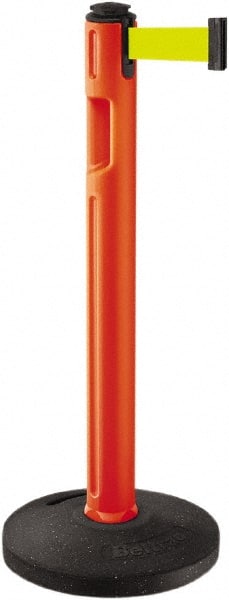 Lavi Industries - 38-1/4" High, 3-1/4" Pole Diam, Stanchion - 16" Base Diam, Dome Recycled Rubber Base, Orange Plastic Post, 12' x 2" Tape, Single Line Tape, For Outdoor Use - Exact Tooling
