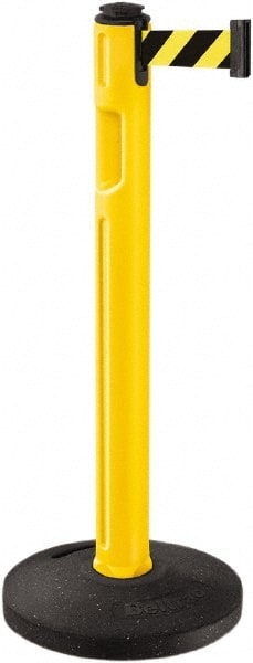 Lavi Industries - 38-1/4" High, 3-1/4" Pole Diam, Stanchion - 16" Base Diam, Dome Recycled Rubber Base, Yellow Plastic Post, 12' x 2" Tape, Single Line Tape, For Outdoor Use - Exact Tooling