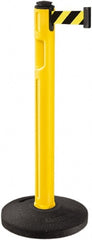 Lavi Industries - 38-1/4" High, 3-1/4" Pole Diam, Stanchion - 16" Base Diam, Dome Recycled Rubber Base, Yellow Plastic Post, 12' x 2" Tape, Single Line Tape, For Outdoor Use - Exact Tooling