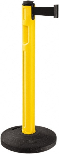 Lavi Industries - 38-1/4" High, 3-1/4" Pole Diam, Stanchion - 16" Base Diam, Dome Recycled Rubber Base, Yellow Plastic Post, 12' x 2" Tape, Single Line Tape, For Outdoor Use - Exact Tooling