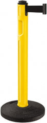 Lavi Industries - 38-1/4" High, 3-1/4" Pole Diam, Stanchion - 16" Base Diam, Dome Recycled Rubber Base, Yellow Plastic Post, 12' x 2" Tape, Single Line Tape, For Outdoor Use - Exact Tooling
