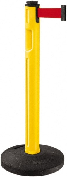Lavi Industries - 38-1/4" High, 3-1/4" Pole Diam, Stanchion - 16" Base Diam, Dome Recycled Rubber Base, Yellow Plastic Post, 12' x 2" Tape, Single Line Tape, For Outdoor Use - Exact Tooling