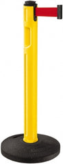 Lavi Industries - 38-1/4" High, 3-1/4" Pole Diam, Stanchion - 16" Base Diam, Dome Recycled Rubber Base, Yellow Plastic Post, 12' x 2" Tape, Single Line Tape, For Outdoor Use - Exact Tooling