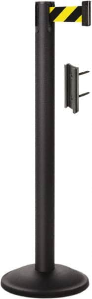 Lavi Industries - 38-1/2" High, 2-3/4" Pole Diam, Stanchion - 12-1/2" Base Diam, Round Steel Base, Black Steel Post, 7' x 2" Tape, Single Line Tape - Exact Tooling