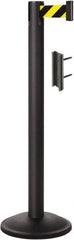Lavi Industries - 38-1/2" High, 2-3/4" Pole Diam, Stanchion - 12-1/2" Base Diam, Round Steel Base, Black Steel Post, 7' x 2" Tape, Single Line Tape - Exact Tooling