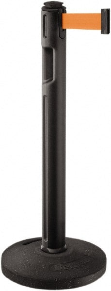 Lavi Industries - 38-1/4" High, 3-1/4" Pole Diam, Stanchion - 16" Base Diam, Dome Recycled Rubber Base, Black Plastic Post, 12' x 2" Tape, Single Line Tape, For Outdoor Use - Exact Tooling