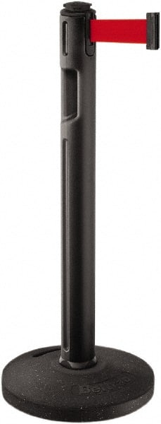Lavi Industries - 38-1/4" High, 3-1/4" Pole Diam, Stanchion - 16" Base Diam, Dome Recycled Rubber Base, Black Plastic Post, 12' x 2" Tape, Single Line Tape, For Outdoor Use - Exact Tooling