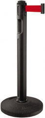 Lavi Industries - 38-1/4" High, 3-1/4" Pole Diam, Stanchion - 16" Base Diam, Dome Recycled Rubber Base, Black Plastic Post, 12' x 2" Tape, Single Line Tape, For Outdoor Use - Exact Tooling