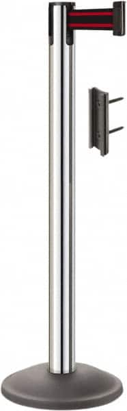 Lavi Industries - 38-1/2" High, 2-3/4" Pole Diam, Stanchion - 12-1/2" Base Diam, Round Steel Base, Polished Chrome (Color) Steel Post, 7' x 2" Tape, Single Line Tape - Exact Tooling